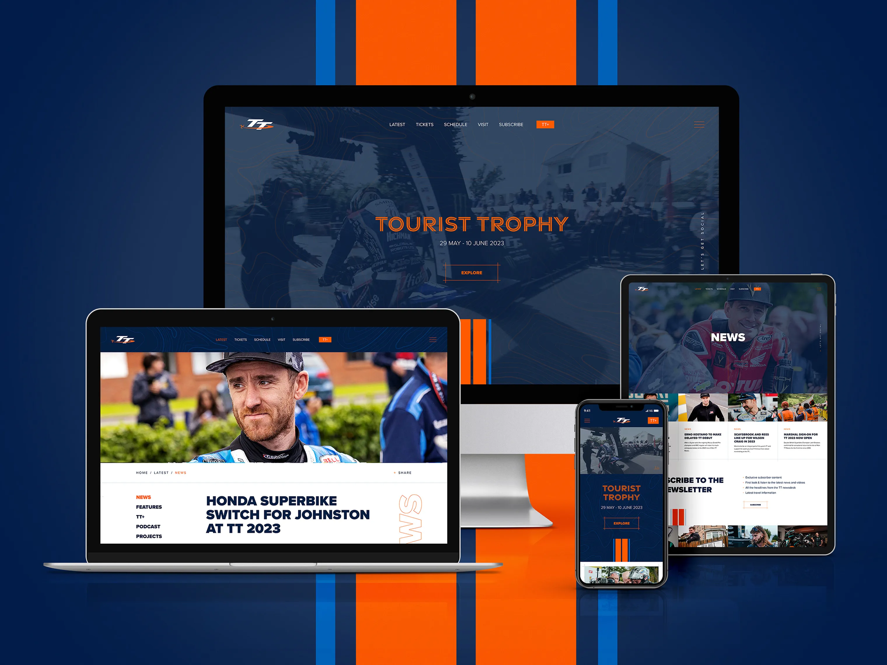 Desktop monitor and mobile phone displaying the Isle of Man TT Tourist Trophy website with race photography and news content on a dark navy and orange striped background
